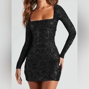 Sequin Long Sleeve Bodycon Lace-up Back Mini Dress